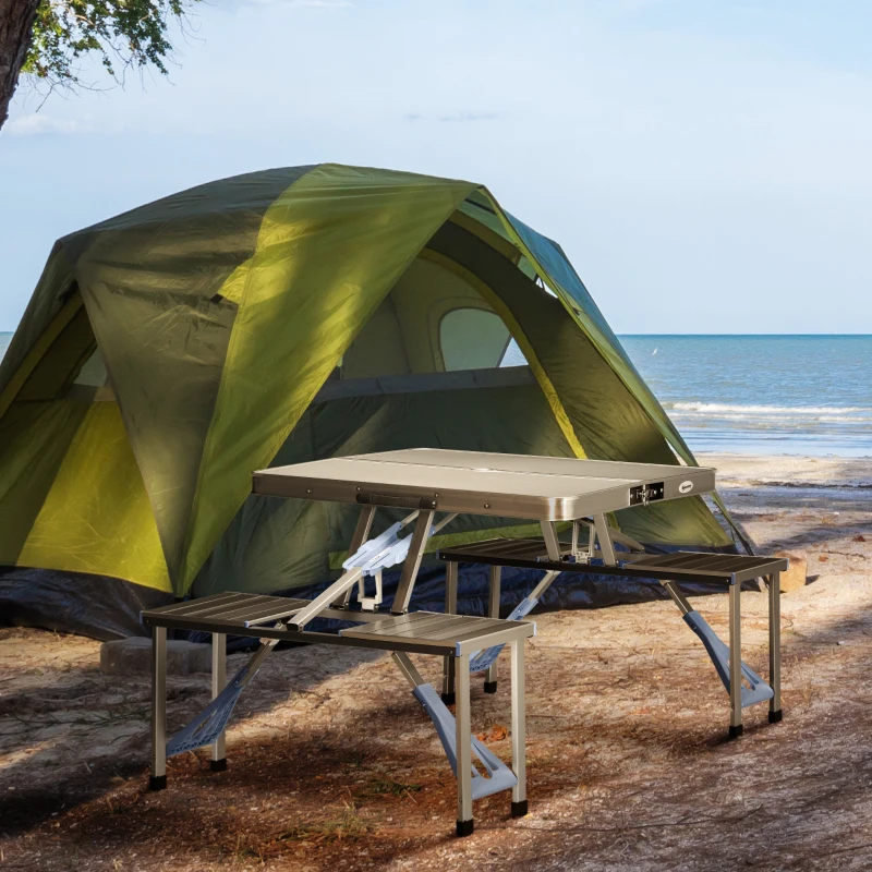 Outsunny Mesa de Campismo Dobrável com 4 Assentos Orifício para Chapéu de Sol e Estrutura de Alumínio para Praia Piquenique 136x85,5x66cm Prata