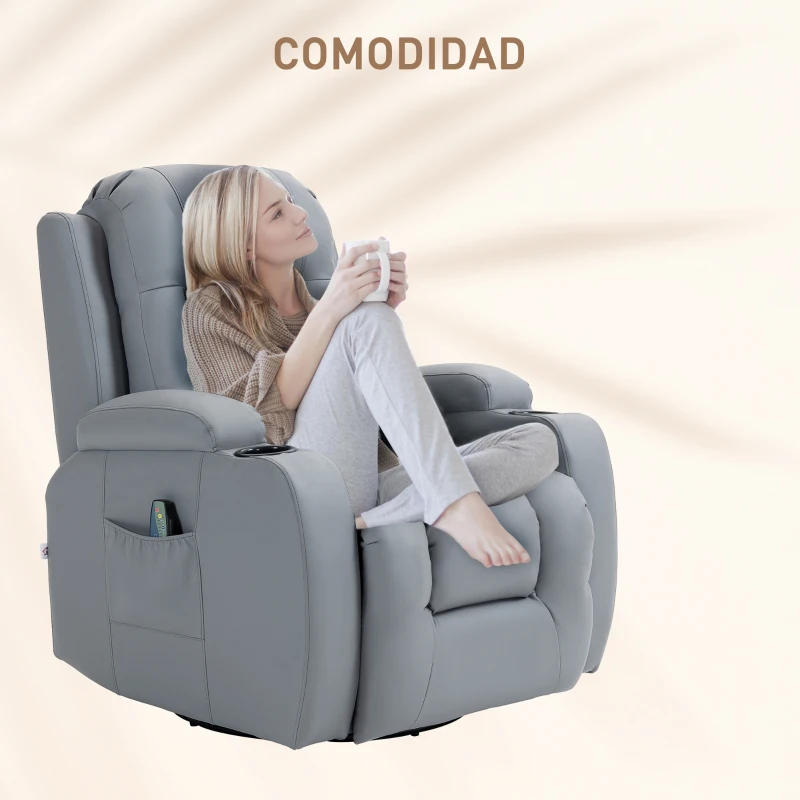 HOMCOM Sillón de Masaje Reclinable con 8 Puntos de Masaje Función de Calefacción Giratorio Mando a Distancia 85x94x104 cm Gris