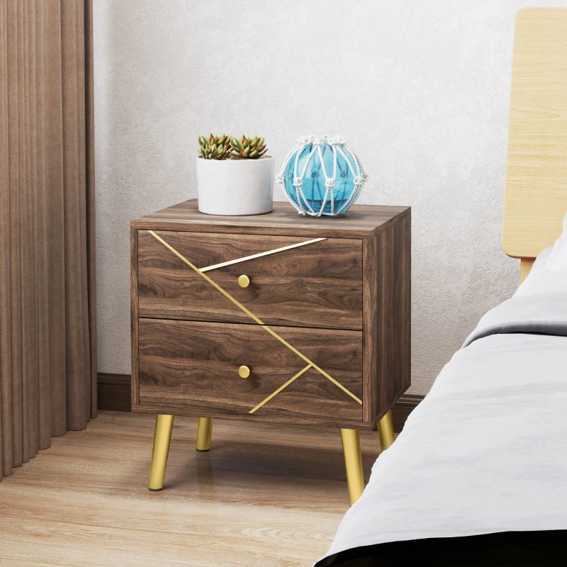 HOMCOM Mesa de Noche Mesita de Noche con 2 Cajones Tiradores Dorados Patas de Acero 45x35x50 cm Grano de Madera Marrón