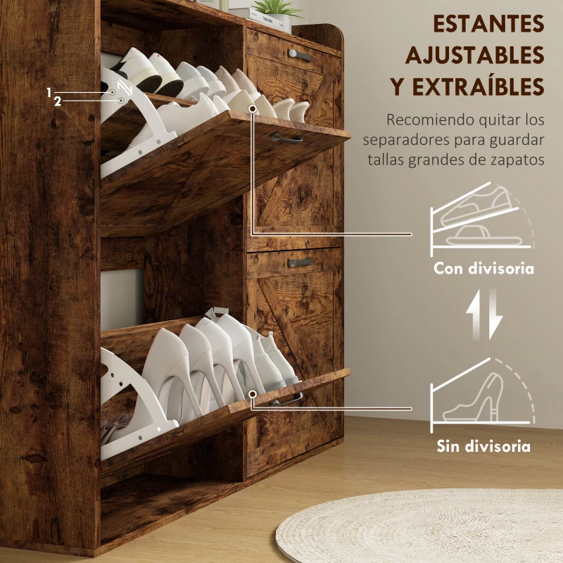 HOMCOM Zapatero Estrecho con 4 Compartimentos Abatibles Divisores Ajustables para 24 Pares con Antivuelco 120x24x103 cm Marrón