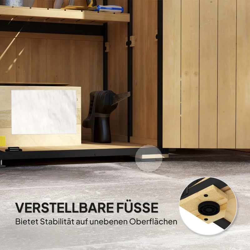 Outsunny Gartenschrank aus Holz und Stahl, Outdoor-Werkzeugschrank mit Asphalt-Dach, 2 Regale, verschließbare Türen, Naturholz(m-8)