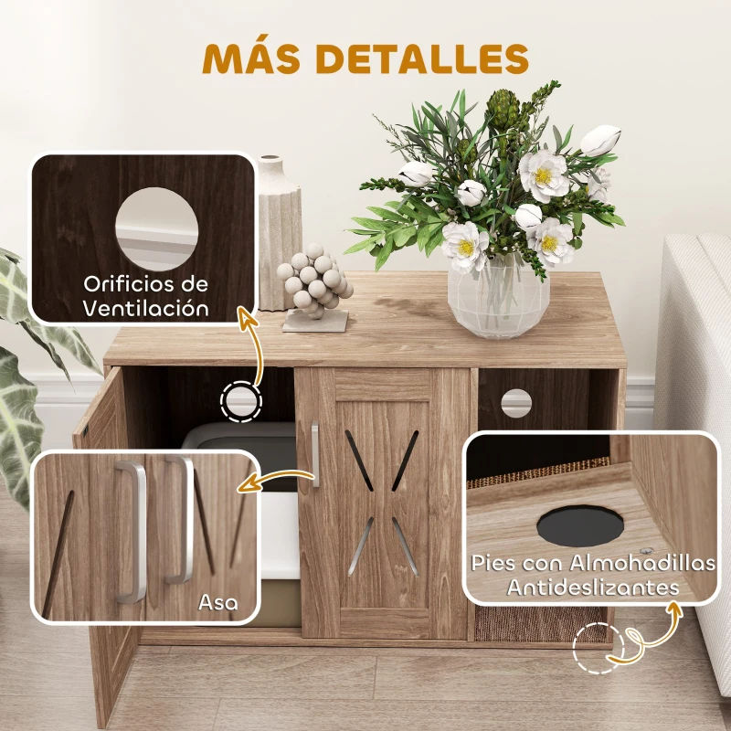 PawHut Mueble Arenero para Gatos 3 en 1 con Puertas Estera para Rascar y Compartimento 80x48x50,5 cm Marrón