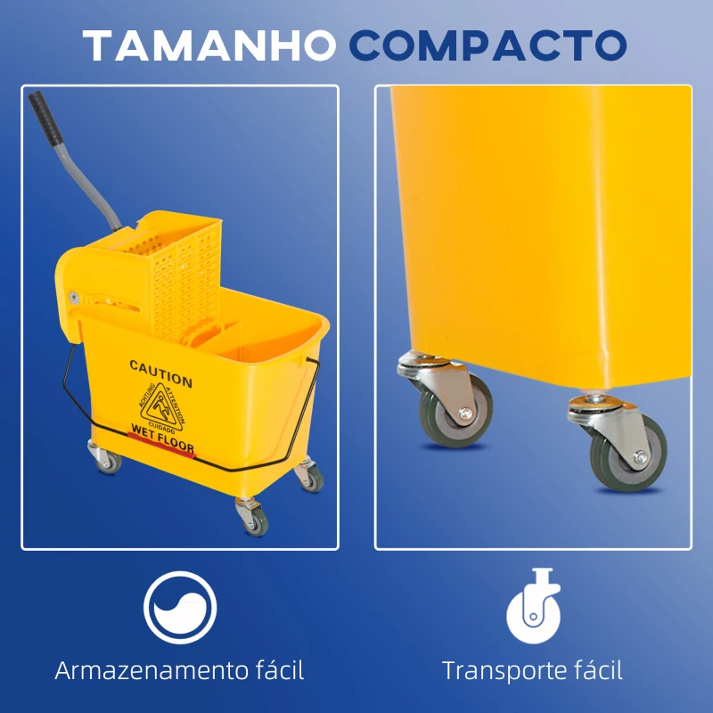 HOMCOM Balde de esfrega profissional 20L com rodas e prensa Balde de esfrega industrial Amarelo 63x27x67cm