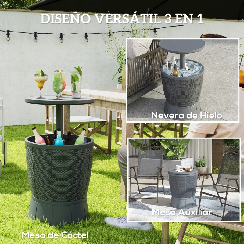 Outsunny Mesa Nevera para Exterior 41 L 3 en 1 Cool Bar Mesa Auxiliar con Altura Ajustable Cubo de Hielo Tapa Elevable Gris
