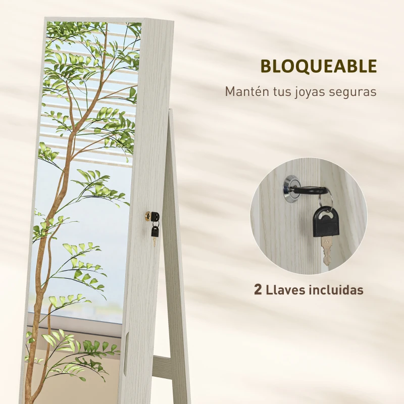 HOMCOM Armario Joyero con Luces LED y Cerradura Espejo Integrada Blanco con Veta de Madera