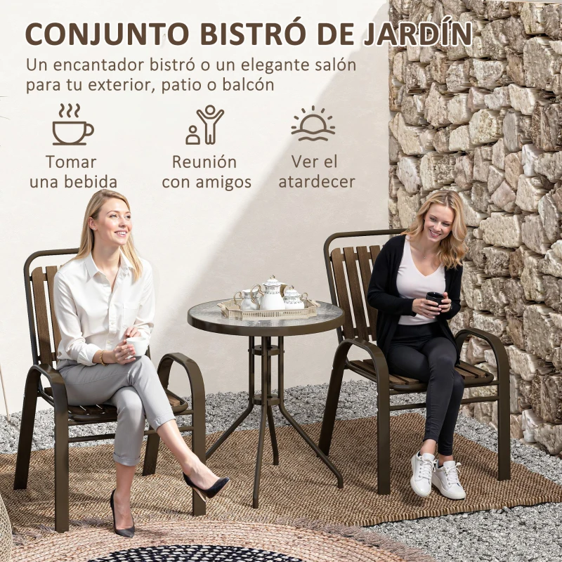 Outsunny Conjunto de Jardín Exterior de 3 Piezas con 2 Sillas Apilables y Mesa Redonda de Vidrio Templado para Balcón Terraza