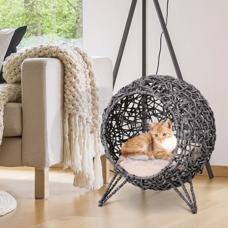 PawHut Cama para Gatos em Vime Sintético com Base de Tripé Almofada com Pelúcia e Algodão Suave Desenho Elevado Ø52x58 cm Cinza