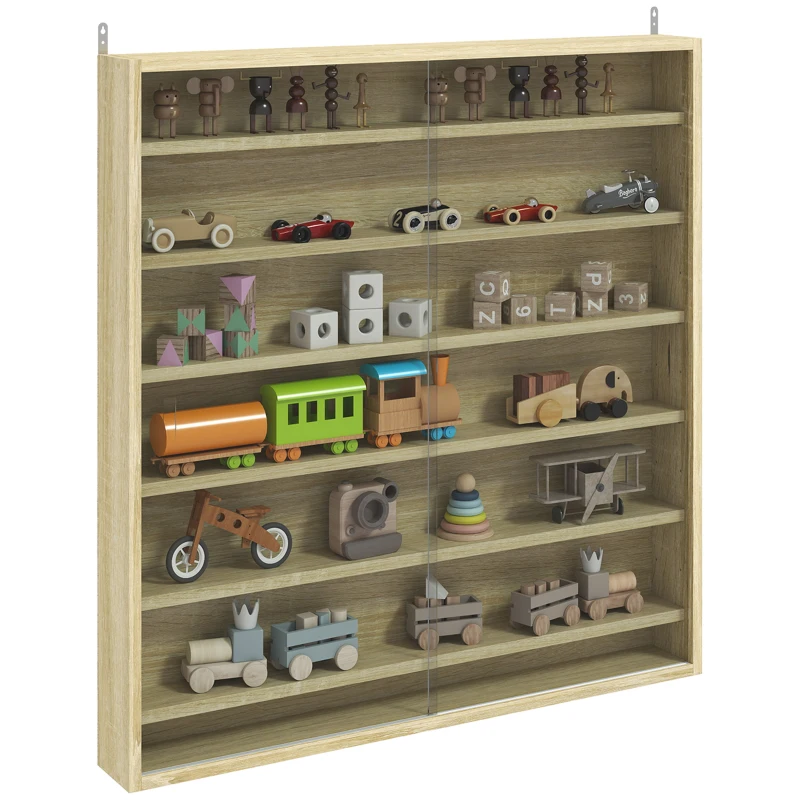 HOMCOM Six Shelf Display Cabinet, with Glass Doors - Oak
