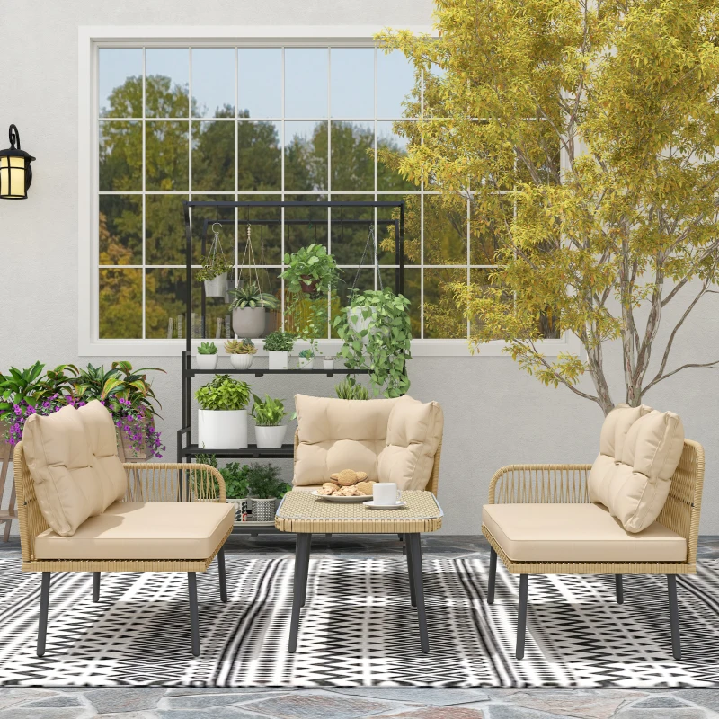 Outsunny Conjunto de Muebles de Jardín de Ratán Sintético de 4 Piezas en Forma de L con Estructura de Acero Cojines y Mesa