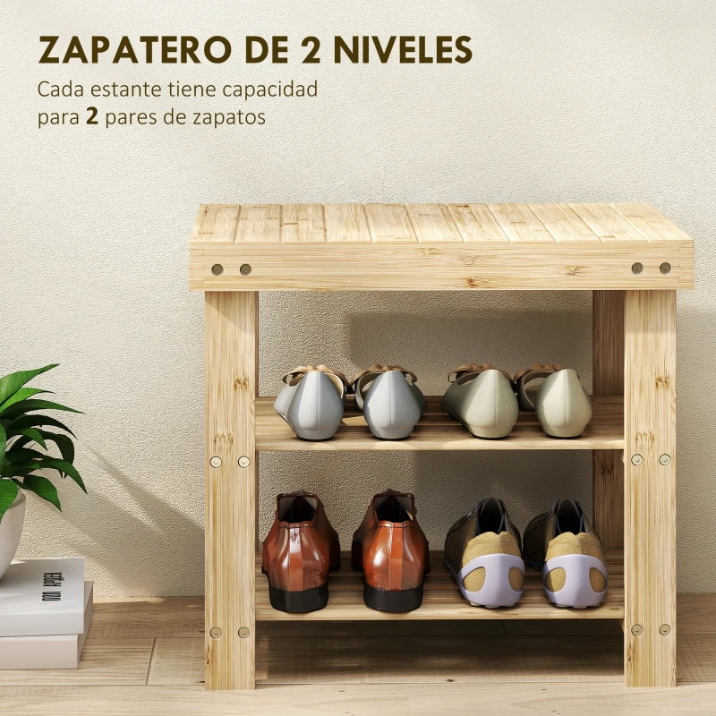 HOMCOM Banco Zapatero de Bambú de 3 Niveles para 4 Pares Zapatos 50x28x45 cm Natural