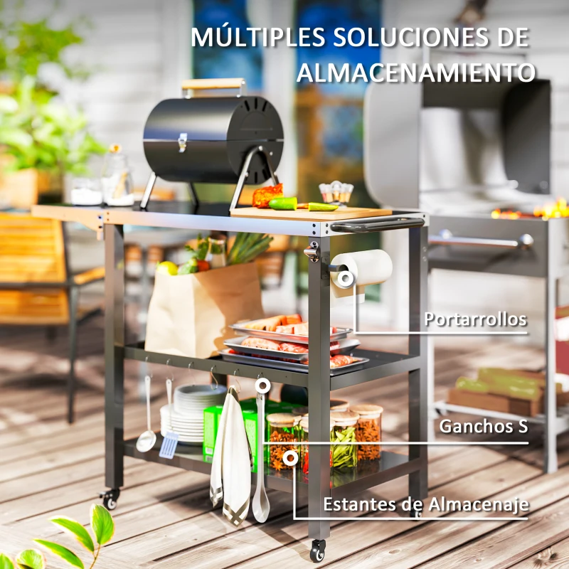 Outsunny Carrito de Parrilla para Jardín Carro de Servicio con Encimera Estantes Lateral Plegable y Ruedas 116x50x86 cm Negro