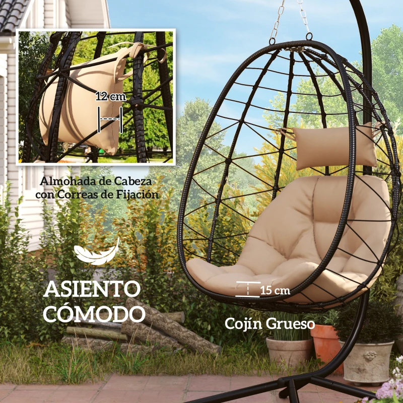 Outsunny Silla Colgante Huevo con Soporte con Cesta Plegable Cojín y Reposacabezas para Interior y Exterior Carga 120 kg Caqui