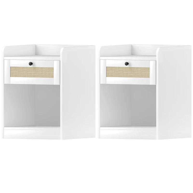 HOMCOM Juego de 2 Mesillas de Noche para Dormitorio con Cajón con Frontal de Ratán 40x40x53 cm Blanco