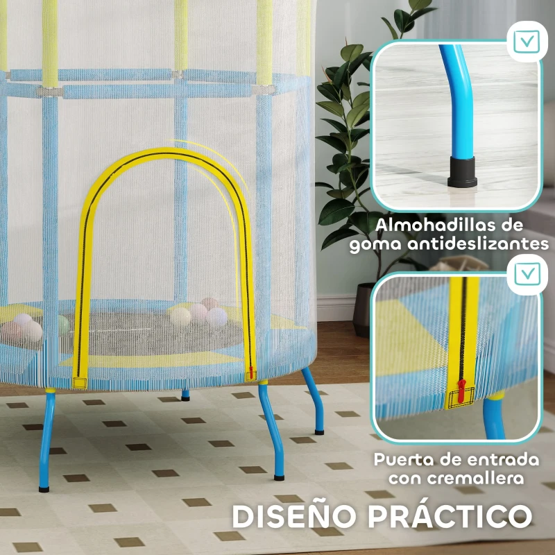 AIYAPLAY Trampolín Infantil de Interior con Red de Seguridad Cuerdas Elásticas y Barras Acolchadas 3-6 Años Ø140x190cm Azul Claro