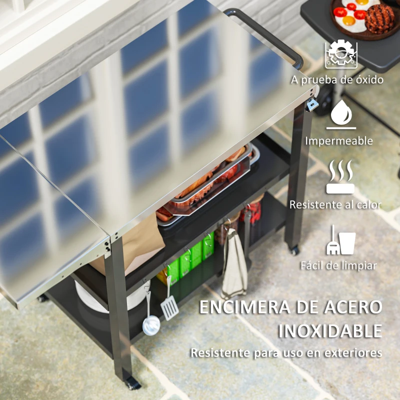 Outsunny Carrito de Parrilla para Jardín Carro de Servicio con Encimera Estantes Lateral Plegable y Ruedas 116x50x86 cm Negro