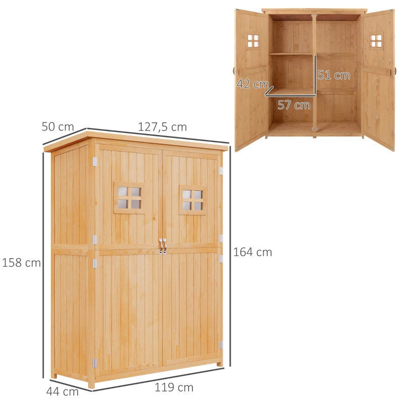 Outsunny Abrigo de Jardim para Ferramentas Armário de Madeira para Exterior com Prateleira Dupla Porta Janelas e Teto Asfáltico 127,5x50x164cm Madeira