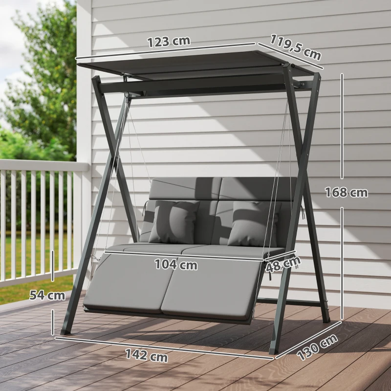 Outsunny Columpio de Jardín de 2 Plazas Convertible en Cama con Toldo Ajustable UV30+ y Cojines 142x130x168 cm Gris Oscuro
