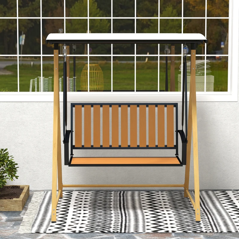 Outsunny Balancín de Jardín Exterior de 2 Plazas con Toldo Ajustable y Estructura de Metal 142x112x162 cm Madera Natural y Beige