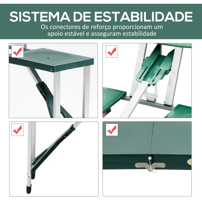 Outsunny Mesa de Acampamento Dobrável com 4 Cadeiras Conjunto para Acampamento com Orifício para Guarda Sol Estrutura de Alumínio 136x84,5x66 cm Verde