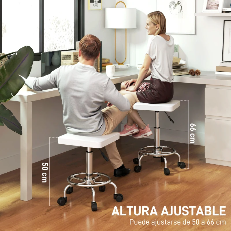 HOMCOM Taburete Giratorio Ajustable Con Asiento Acolchado Reposapiés y Ruedas para Salones y Talleres 34x34x50-66 cm Blanco