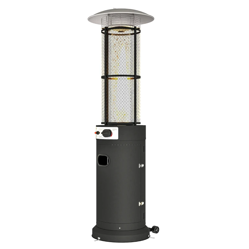 Outsunny 11 KW Freestanding Gas Patio Heater, Adjustable Outdoor Garden Propane Heater with Tip-Over Switch, Wheels, Pulse Ignition, Tank Room with Openable Door, Black