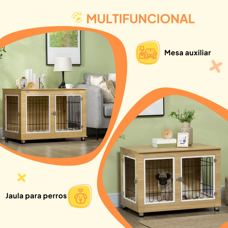 PawHut Jaula de Madera para Perros con Cojín 2 Puertas y Patas Ajustables Uso como Mesa Auxiliar o Mesita de Noche 90x58x65 cm