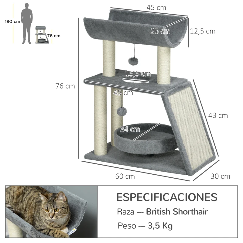 PawHut Mini Rascador para Gatos con Postes de Yute Plataforma en U Cama de Felpa y Juguetes Colgantes 60x30x76 cm Gris Claro