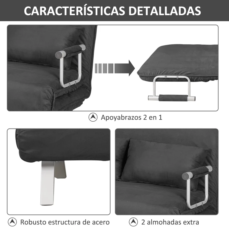 HOMCOM Sofá Cama de 2 Plazas con Respaldo Ajustable en 5 Posiciones Tapizado con Tacto de Ante y Cojines 111x80x78 cm Gris
