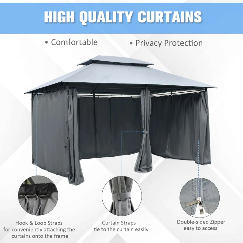 Outsunny 10 x 13ft Outdoor 2 Tier Steel Frame Gazebo with Curtains Black Grey