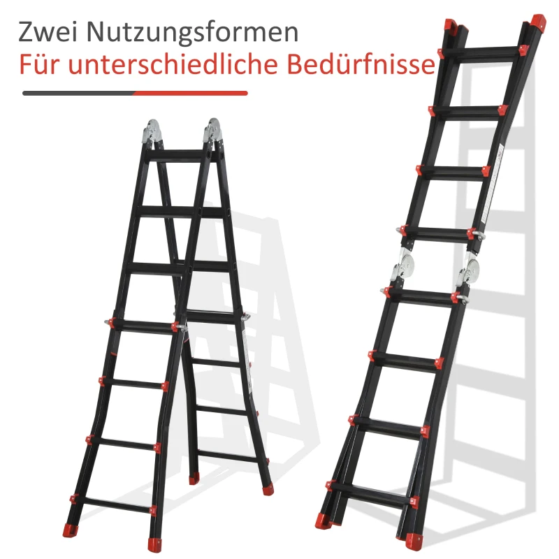 HOMCOM Teleskopleiter, rutschfeste Stufen, bis 150 kg belastbar, Aluminium, Schwarz+Rot