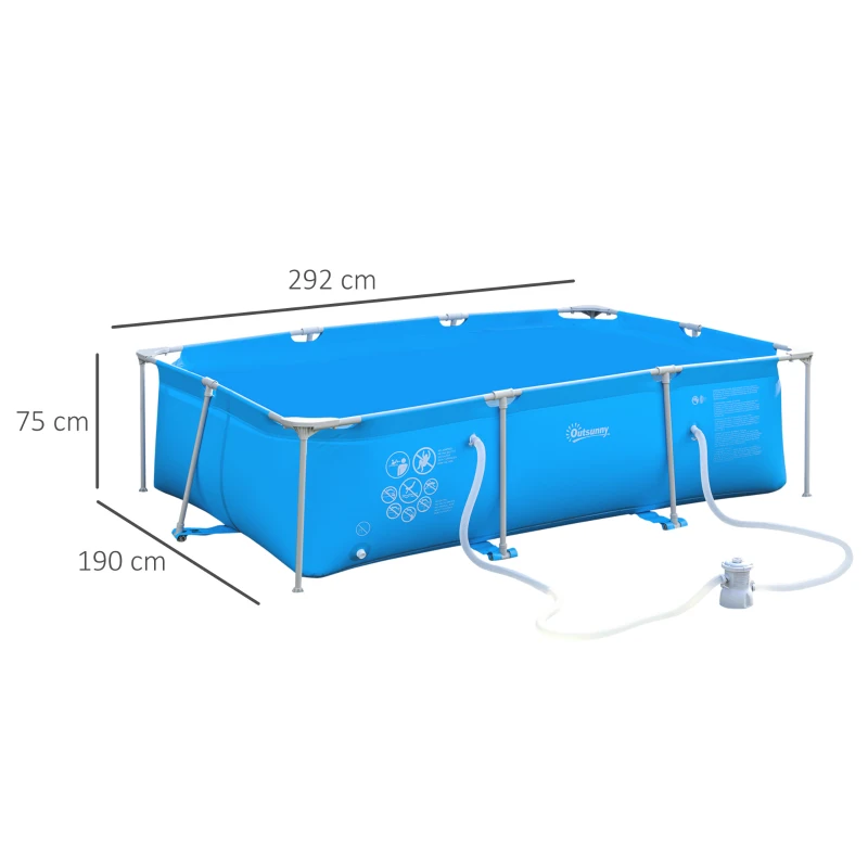 Outsunny Piscina Desmontable Tubular 292x190x75 cm con Depuradora de Cartucho 1200L/H Piscina Rectangular de Exterior para Adultos y Niños 3600L Azul