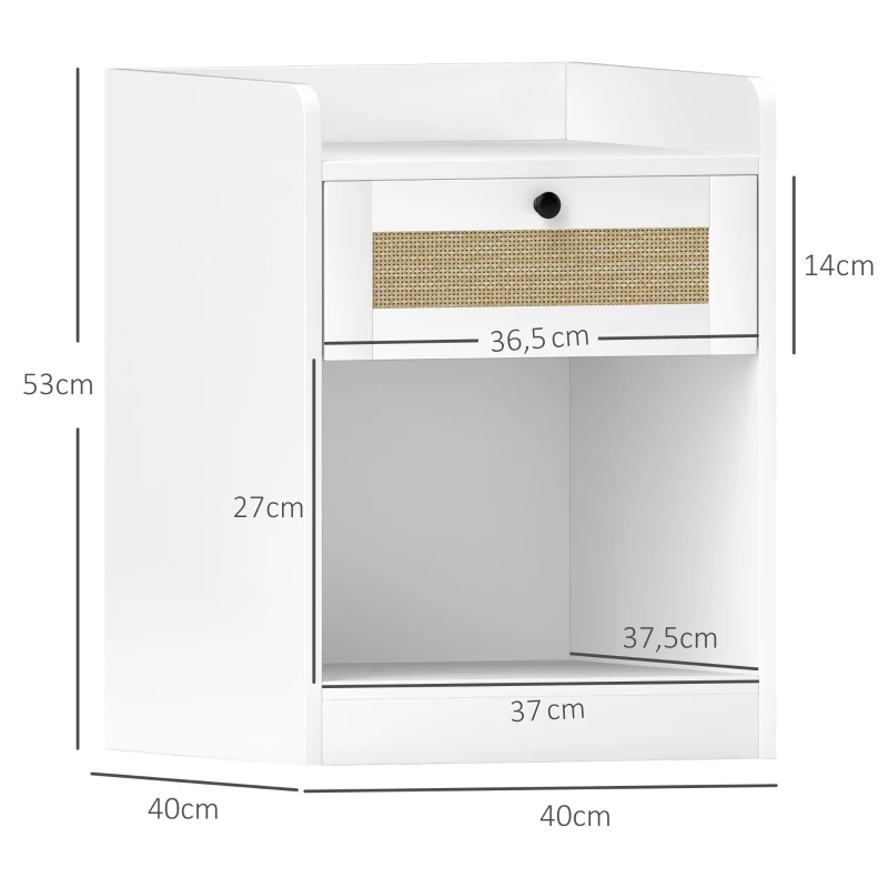 HOMCOM Juego de 2 Mesillas de Noche para Dormitorio con Cajón con Frontal de Ratán 40x40x53 cm Blanco