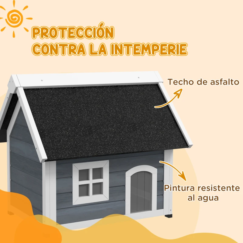 PawHut Casa para Gatos de Madera con Techo Asfáltico Abatible 3 Puertas Ventana para Exterior 77x57,5x68 cm Gris y Negro