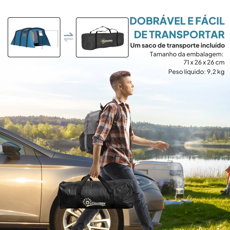 Outsunny Tenda de Campismo Inflável Familiar para 3-4 Pessoas Janelas de Malha e Bolsa de Transporte Proteção UV 50+ 440x280x195 cm Azul