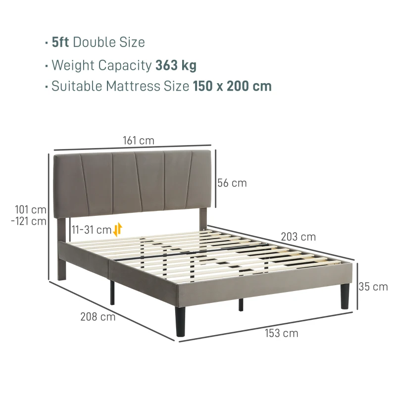 HOMCOM King Size Bed Frame with Velvet-Feel Headboard 161W x 208D x 121Hcm, Grey