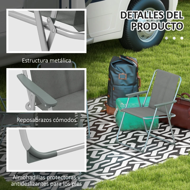 Outsunny Conjunto de 4 Sillas de Camping Plegables con Reposabrazos para Jardín Terraza Carga 120 kg 53x54x76 cm Gris