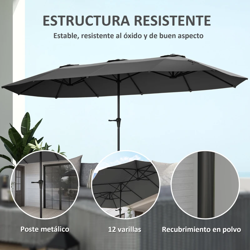 Outsunny Sombrilla Doble 4x2,2 m Sombrilla Terraza Exterior con Manivela Manual Impermeable y Protección UV30+ Gris Oscuro