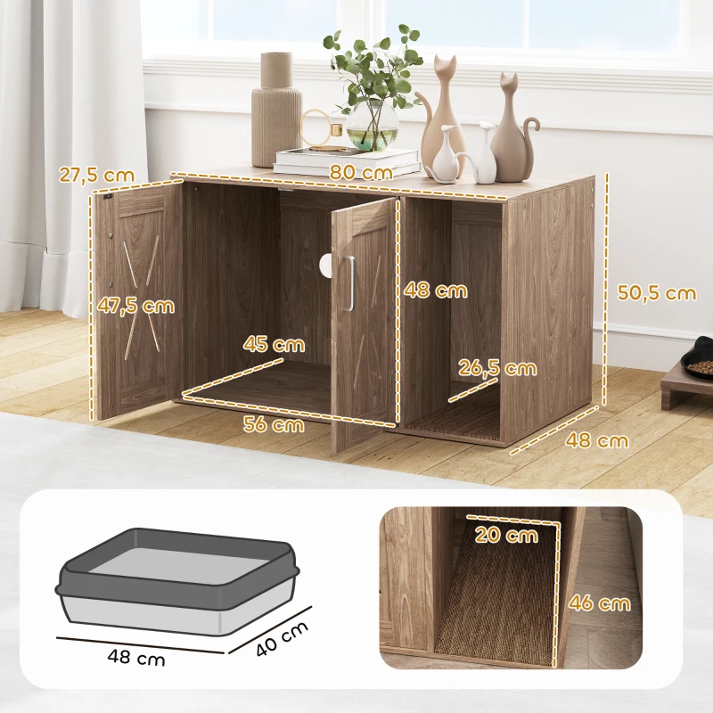 PawHut Mueble Arenero para Gatos 3 en 1 con Puertas Estera para Rascar y Compartimento 80x48x50,5 cm Marrón