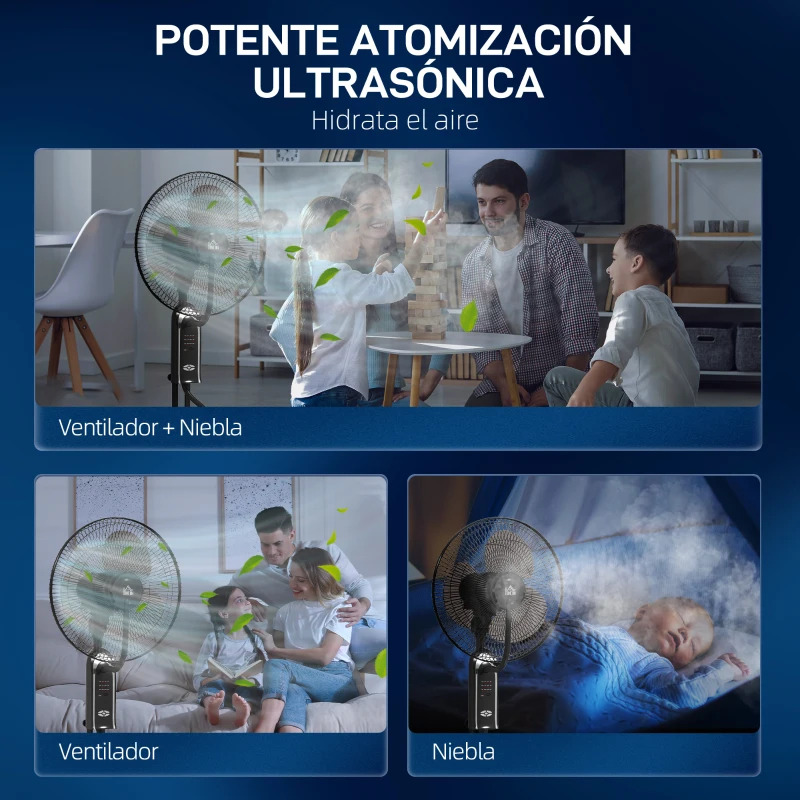 HOMCOM Ventilador de Pie con Nebulizador 3 Velocidades 3 Modos Oscilación de 70° Depósito de 3,2L y Mando 44,5x38,5x120cm Negro