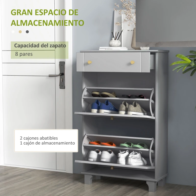 HOMCOM Mueble Zapatero Estrecho con 2 Puertas Abatibles y 1 Cajón para 8 Pares de Zapatos 60x23,5x98,5 cm Gris