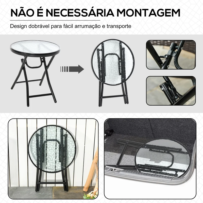 Outsunny Mesa dobrável redonda de vidro Mesa de jardim com fivela de segurança borda coberta de metal interno e externo Ø45x50 cm Preto