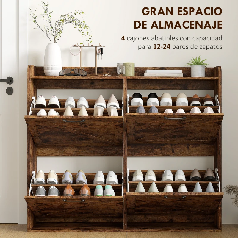 HOMCOM Zapatero Estrecho con 4 Compartimentos Abatibles Divisores Ajustables para 24 Pares con Antivuelco 120x24x103 cm Marrón