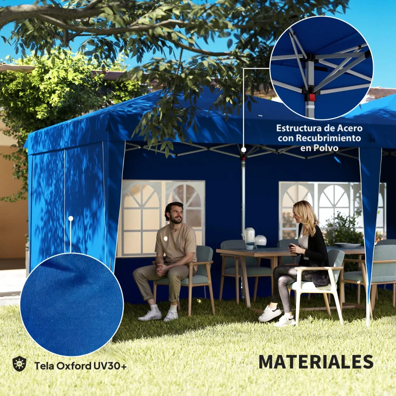 Outsunny Carpa de Jardín Plegable 6x3 m con Paredes Laterales Altura Ajustable Protección UV30+ Bolsa de Transporte Azul
