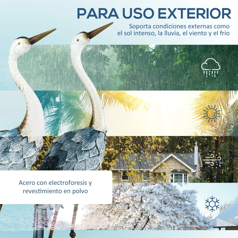 Outsunny Set de 2 Estatuas de Grulla de Acero para Jardín con Pintura Resistente y Estacas de Suelo para Decoración de Césped