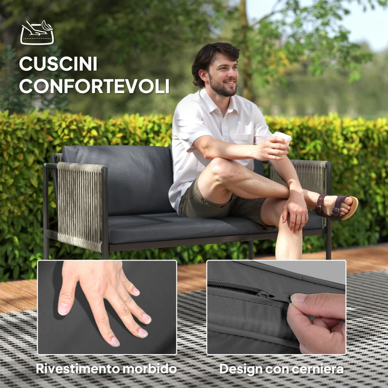 Outsunny Set Salotto da Giardino in Rattan con 2 Poltrone, Divanetto 2 Posti e Tavolino da Caffè in Vetro, Grigio