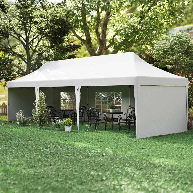 Outsunny Carpa Plegable 9x3x3 m con Altura Ajustable Paredes Laterales Ventanas Protección UV50+ y Bolsa de Transporte Blanco