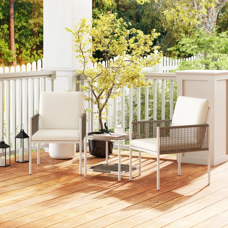 Outsunny Juego de 2 Sillas y Mesa de Ratán con Cojines Acolchados y Encimera de Vidrio para Balcón Terraza Marrón y Crema