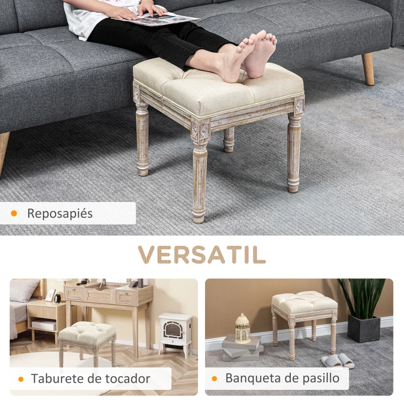 HOMCOM Reposapiés de Salón con Asiento Capitoné y Patas Talladas de Madera Estilo Vintage para Dormitorio 40x40x43 cm Beige