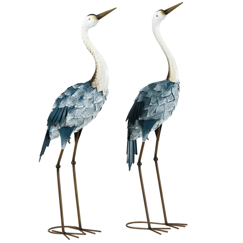 Outsunny Set de 2 Estatuas de Grulla de Acero para Jardín con Pintura Resistente y Estacas de Suelo para Decoración de Césped