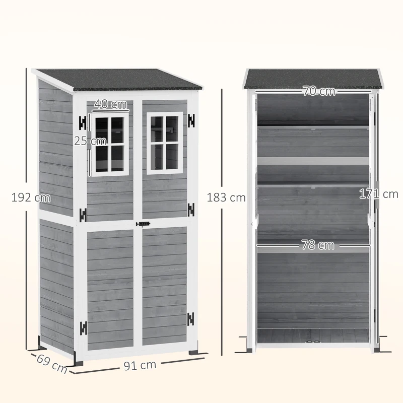 Outsunny Drewniany domek na narzędzia ogrodowe z 2 oknami, kotwami do gruntu, dachem z asfaltu, 91 x 69 x 192 cm, Sosna, Jasnoszary